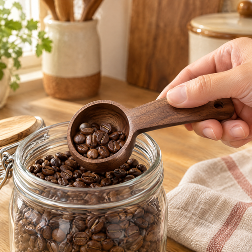 Walnut Wooden Coffee Scoop use: Walnut Wooden Coffee Scoop: taking dry coffee beans