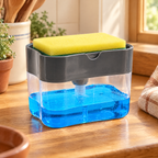 Washday Soap Station detail: Washday’s grey pressing tray and clear refillable reservoir with sponge beside it