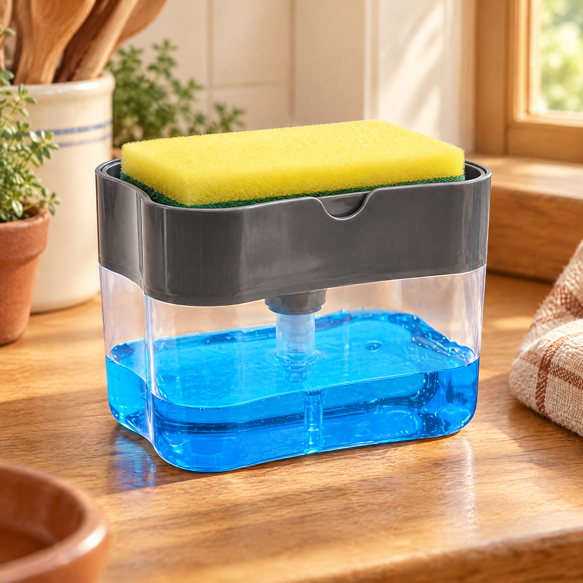 Washday Soap Station detail: Washday’s grey pressing tray and clear refillable reservoir with sponge beside it