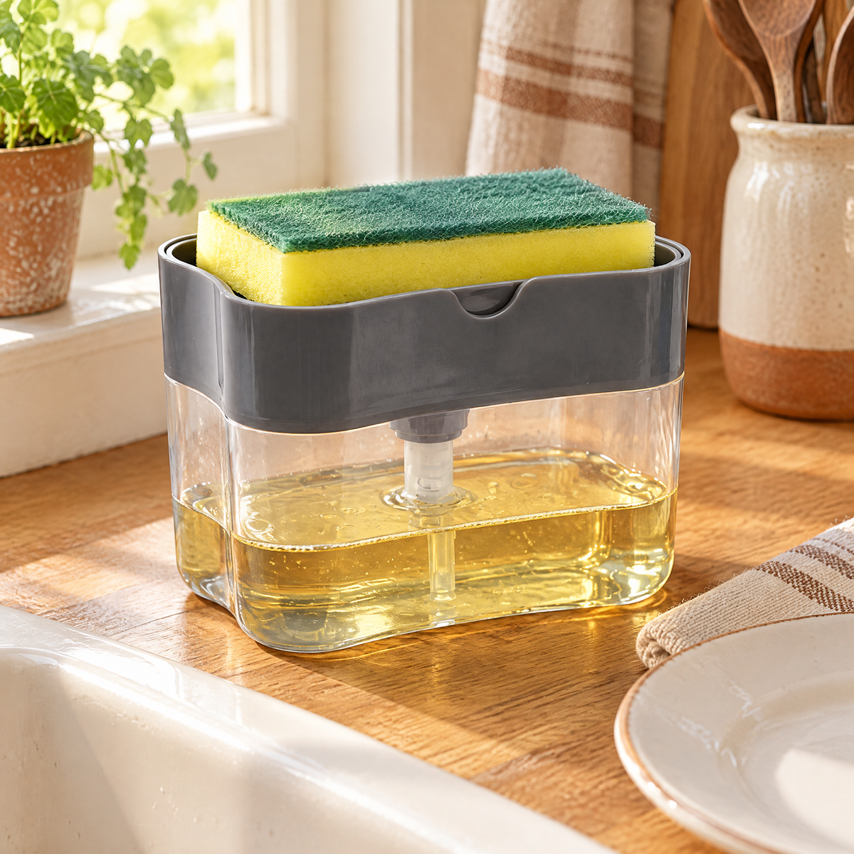 Washday keeping the sponge and a refillable dish-soap reservoir together beside a cream sink