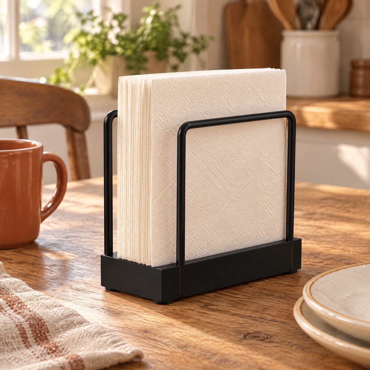 Welcome holder keeping plain cream paper napkins together beside a small kitchen table setting