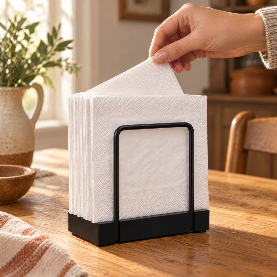 One hand lifting a single napkin from the black Welcome holder on a level table