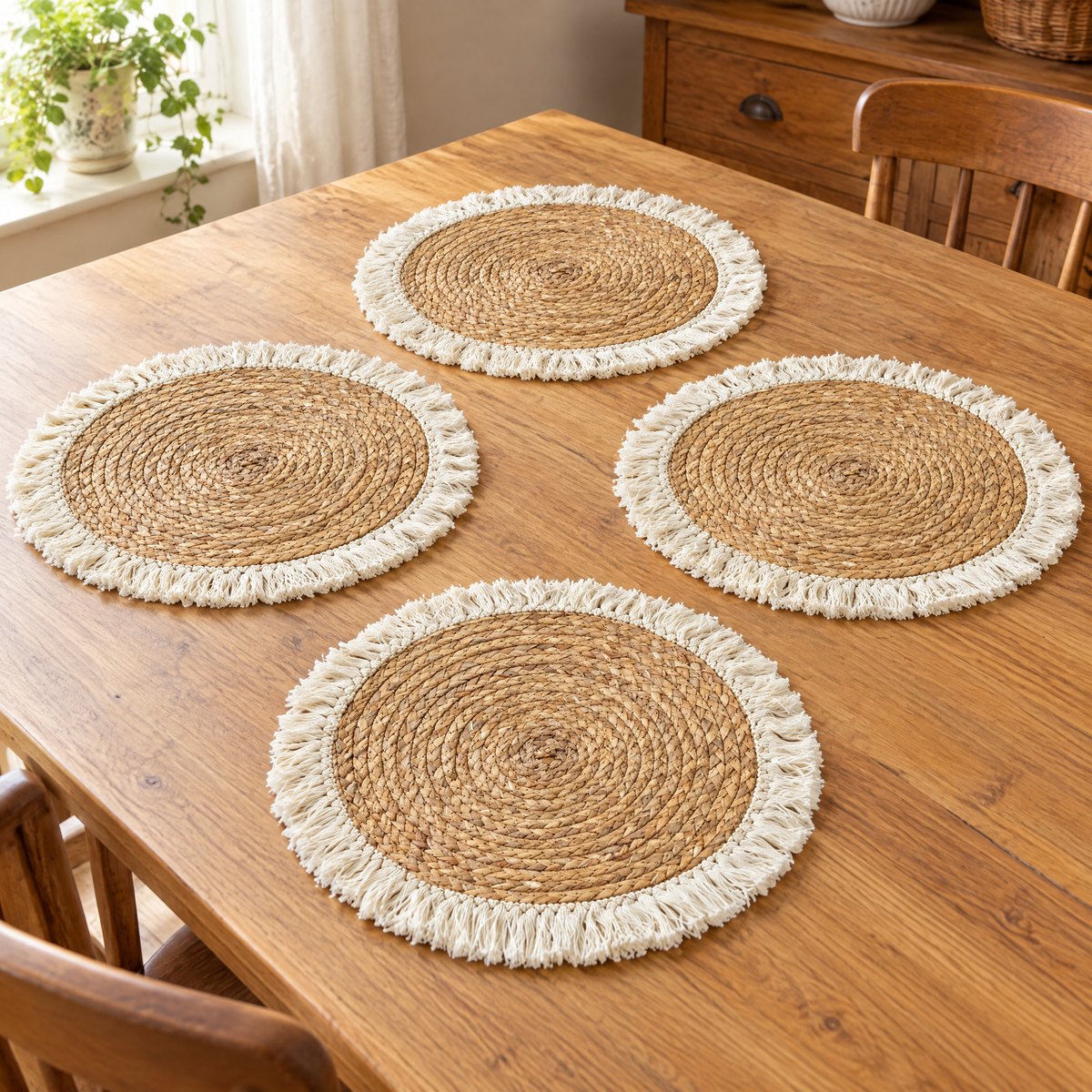 Four Woven mats showing tan braided spiral texture and cream fringe