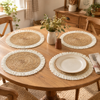 Woven Straw Placemat Set story: A four-place table with the Woven mat set