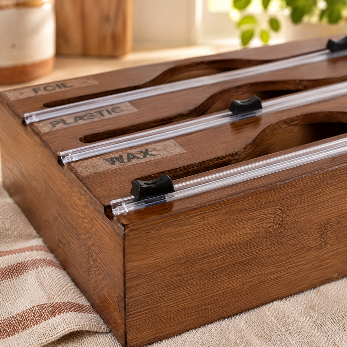Wrap Three-Channel Bamboo Dispenser detail: See a slider on its track.