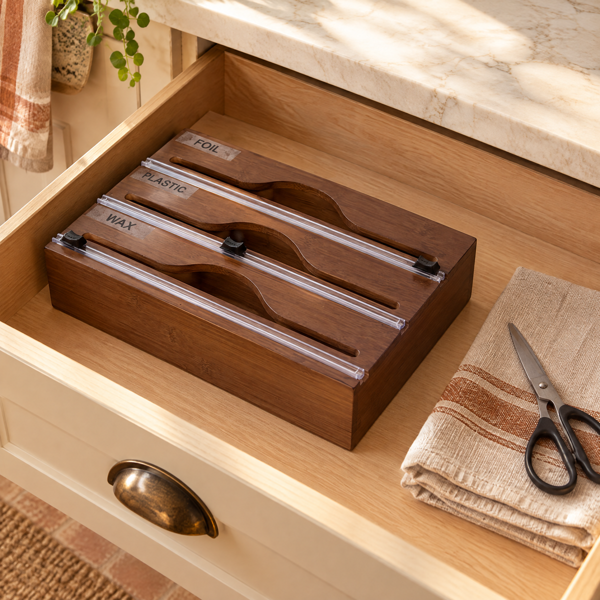Wrap Three-Channel Bamboo Dispenser story: A dedicated wrapping drawer.