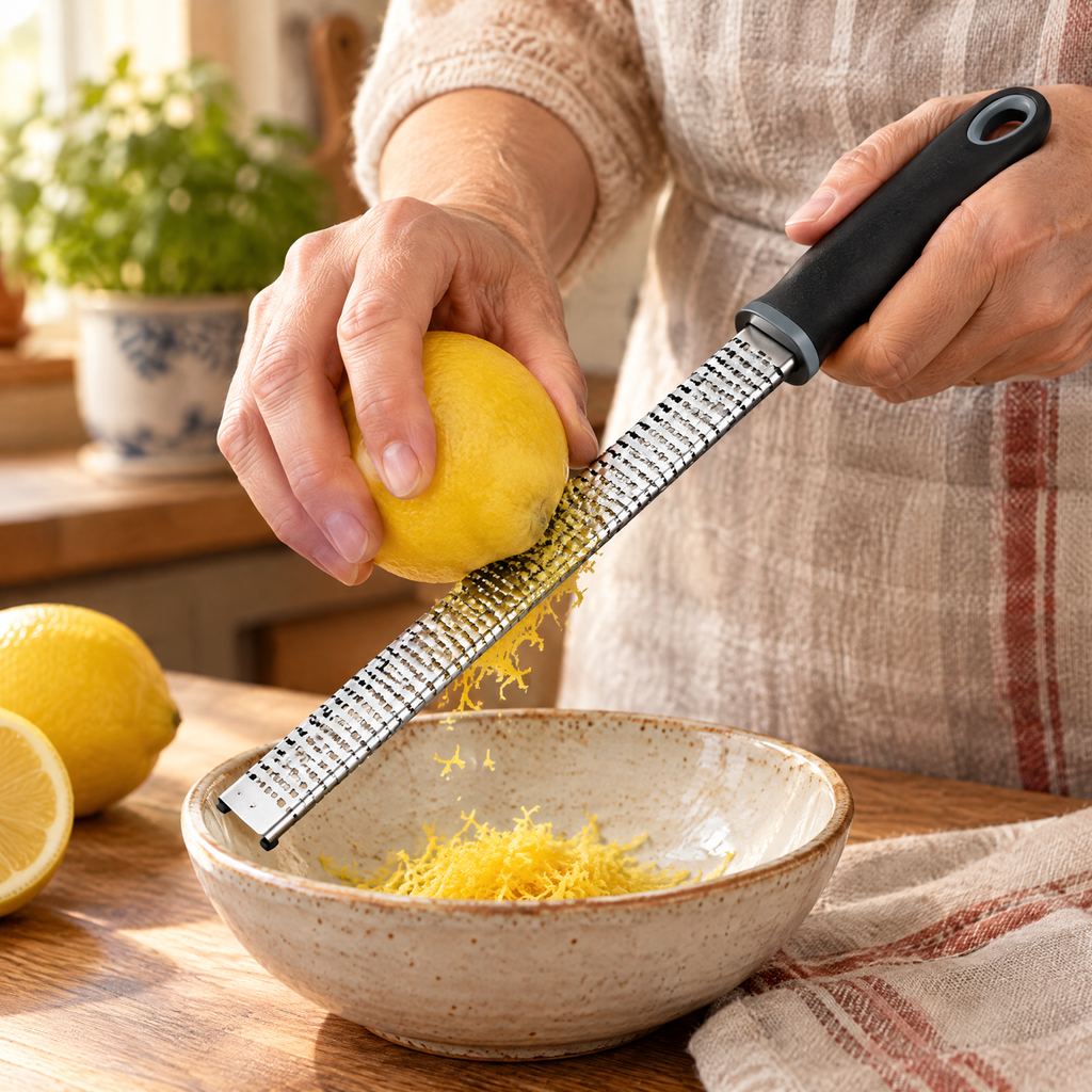 Zest Fine Grater use: Zest Fine Grater: a controlled citrus-peel pass